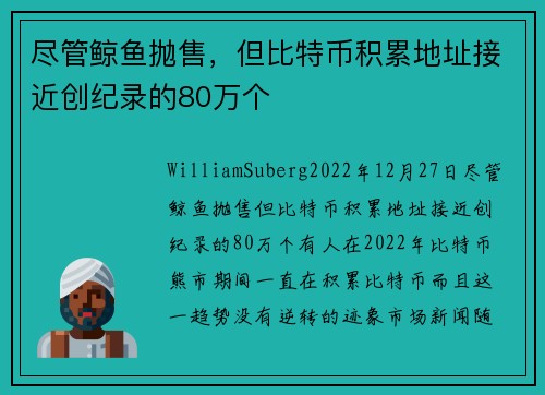 尽管鲸鱼抛售，但比特币积累地址接近创纪录的80万个 